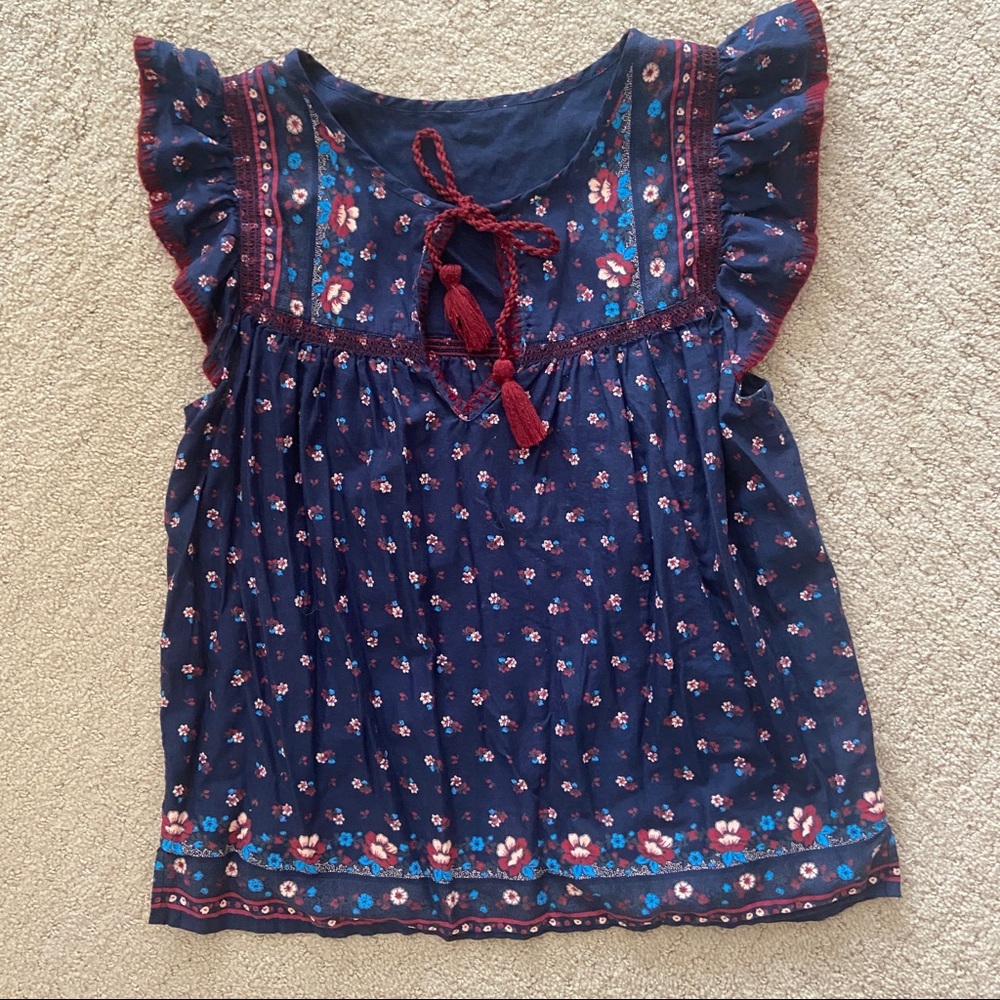 JCrew Womens Point Sur Flutter-Sleeve Navy Blue Peasant Blouse with Tassels Sz S